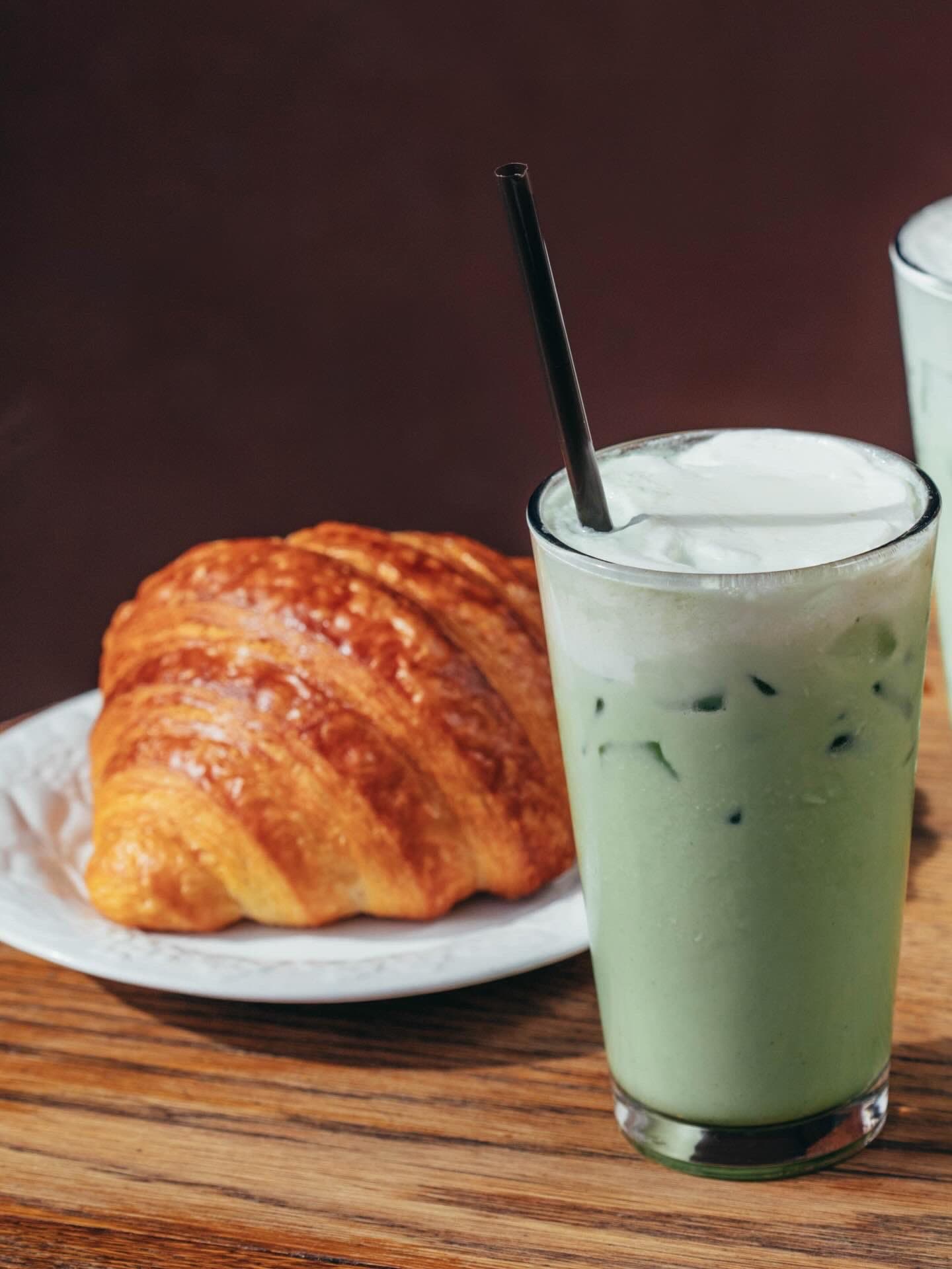 Croissant and iced matcha latte